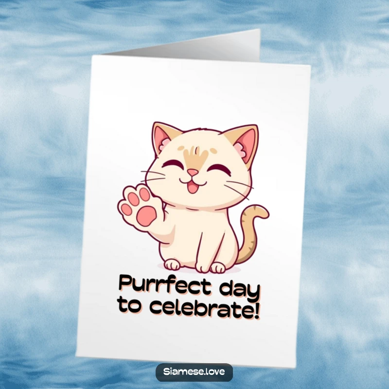 Free Printable Birthday Card: A Kawaii Siamese cat offers a friendly paw with a sweet, welcoming smile.