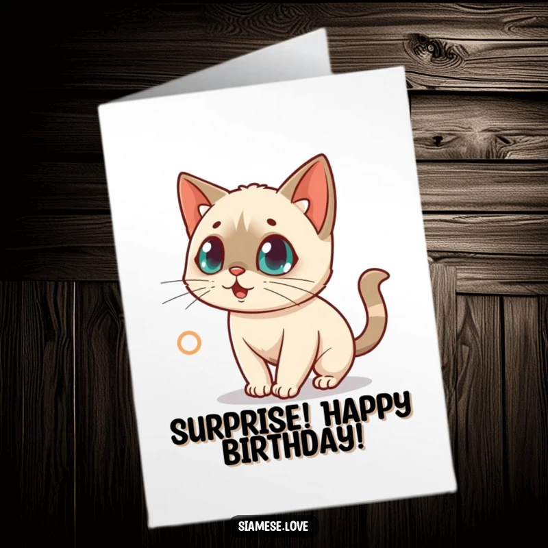 Funny Free Printable Birthday Card: Kawaii Siamese cat looking surprised while chasing a red laser dot across the floor.