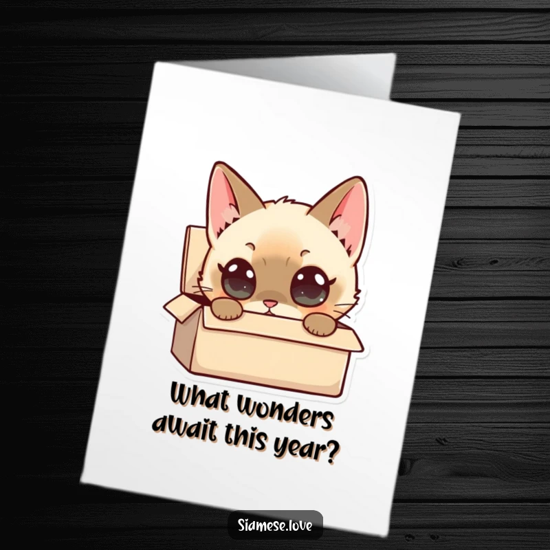 Funny Free Printable Birthday Card: Siamese cat with huge, curious eyes peeking intensely into a small cardboard box, gift inside.