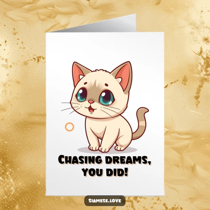 Free Printable Congratulations Card: Surprised kawaii Siamese cat intently chasing a tiny red laser dot with wide eyes.