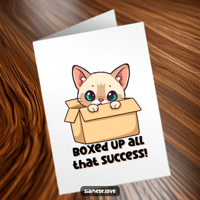 Funny Free Printable Congratulations Card: a curious Siamese cat peeking out from behind a cardboard box, full of intrigue.