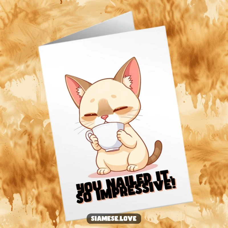 Funny Free Printable Congratulations Card: Siamese cat intently balances a teacup on its nose, congratulating success.