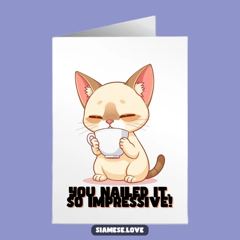Free Printable Congratulations Card: Siamese Cat Teacup Balance Downloadable Gift