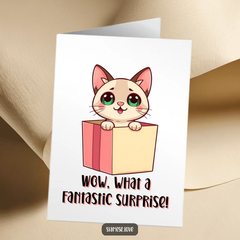 Funny Free Printable Congratulations Card: Siamese cat emerges from a gift box with a playful surprise, celebrating their win.