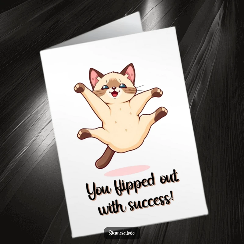Free Printable Congratulations Card: A playful Kawaii Siamese cat executes a perfect somersault, celebrating your success.