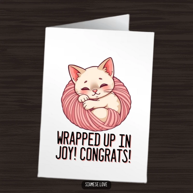 Free Printable Congratulations Card: A sweet Siamese cat looks completely content while napping in a ball of yarn.