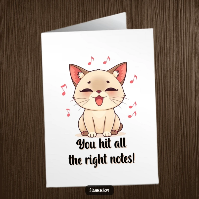 Funny Free Printable Congratulations Card: A contented Siamese cat purring heartily amidst a symphony of floating musical notes.