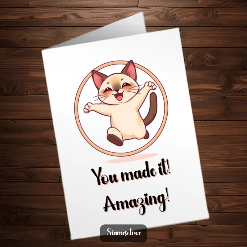 Funny Free Printable Siamese cat character joyfully leaping through a hoop, celebrating a great achievement.