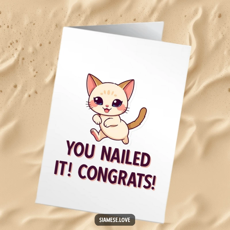 Funny Free Printable Congratulations Card: Siamese Cat gracefully leaping with delight, celebrating success, printable greeting.