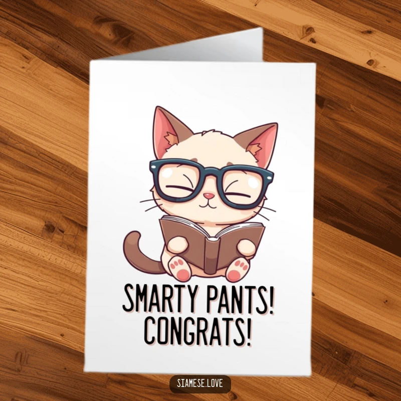 Free Printable Congratulations Card: A Siamese cat wearing big glasses tries to read a book held upside down.