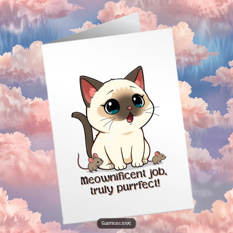 Funny Free Printable Congratulations Card: Kawaii Siamese cat with wide eyes, a mouse darts away, expressing shock.
