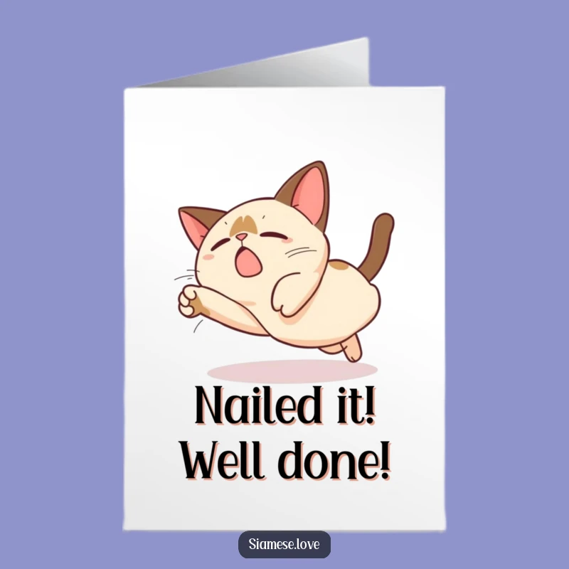Free Printable Congrats Card: Kawaii Siamese Cat Dive - Wacky Downloadable Gift!