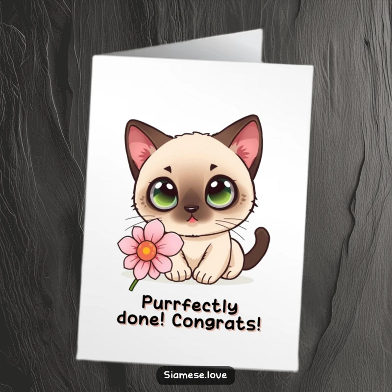 Cute Free Printable Congratulations Card: A kawaii Siamese cat with wide eyes curiously sniffing a flower, celebrating achievements with gentle charm.