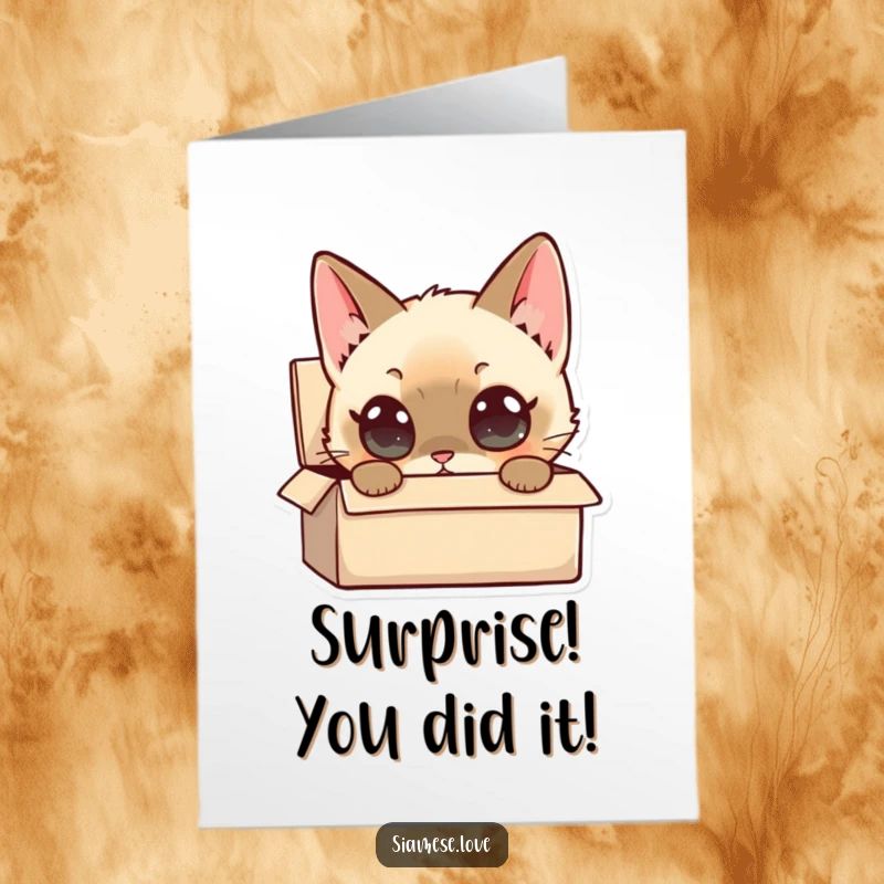 Funny Free Printable Congrats Card: Siamese cat's wide, curious eyes peering into a small box, symbolizing a surprising success, art.