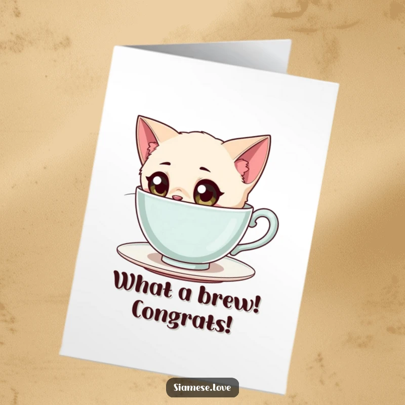 Funny Free Printable Congratulations Card: Siamese Cat with wide eyes curiously peering into a teacup, inquisitive, printable.
