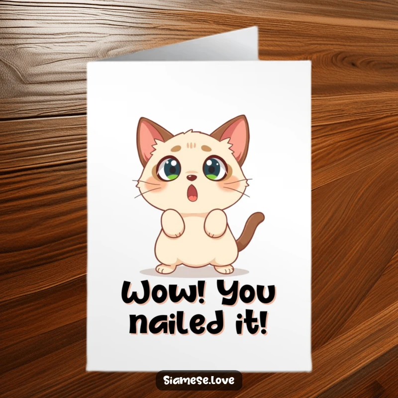 Funny Free Printable Siamese cat character with wide eyes, comically pouncing on empty air for congratulations.