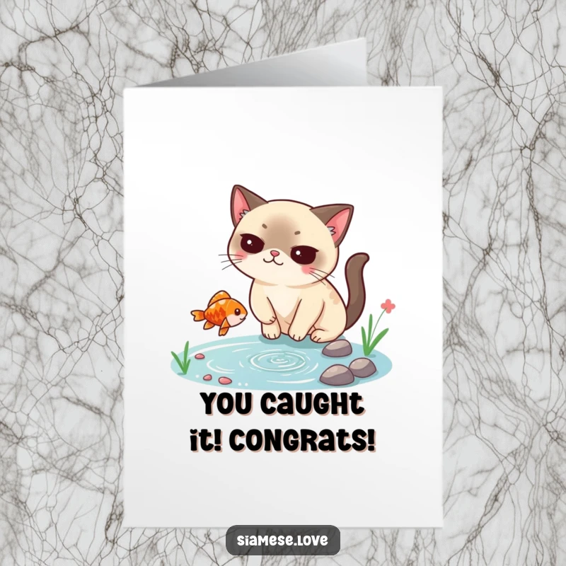 Funny Free Printable Congratulations Card: Smug Siamese cat proudly holding a fish, perfect for celebrating wins.
