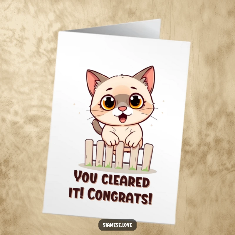 Free Printable Congratulations Card: A Siamese cat looks utterly surprised while leaping a fence, perfect for big news.