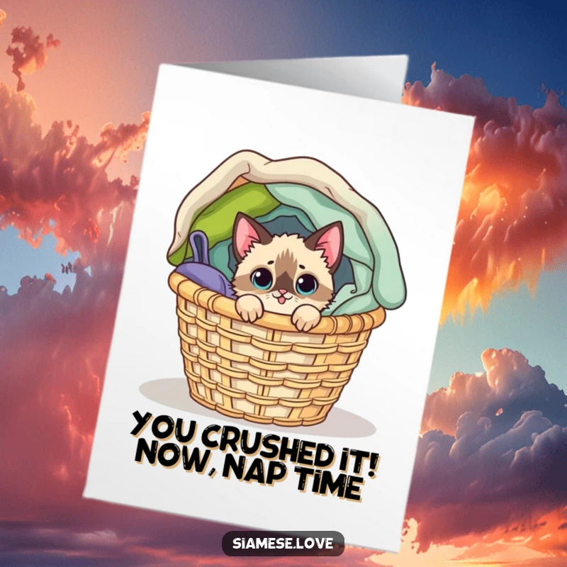 Funny Free Printable Congrats Card: Mischievous Siamese cat peeking from overflowing laundry, ready to celebrate.