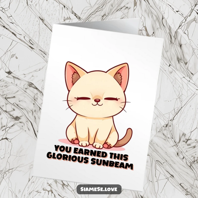 Free Printable Congratulations Card: A joyful Kawaii Siamese cat dreams peacefully in a sunbeam, celebrating their victory.