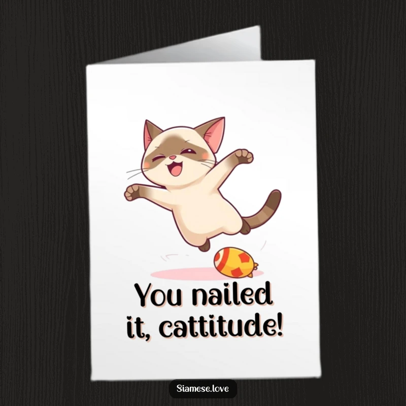 Funny Free Printable Congratulations Card featuring a triumphant kawaii Siamese cat celebrating success, perfect for any achievement.