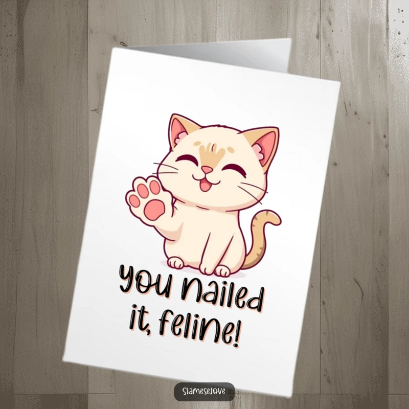 Free Printable Congratulations Card: A Kawaii Siamese cat extends a friendly paw with a warm smile of congratulations.