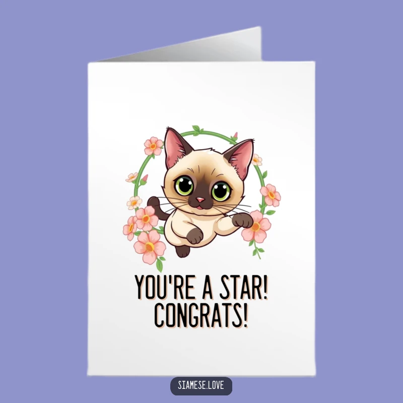Free Printable Congrats Card: Siamese Cat Flowers, Leaping Success, Downloadable Gift