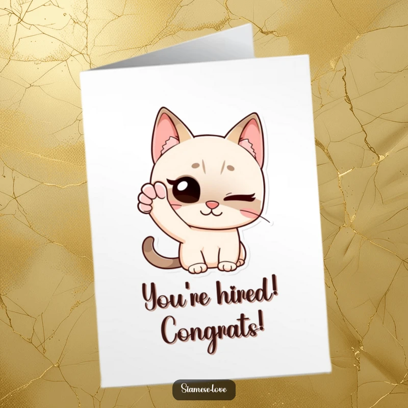 Free Printable Congratulations Card: a Siamese cat gives a charming wink, paw raised in a celebratory wave.