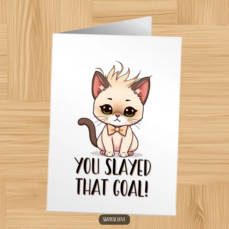 Funny Free Printable Congratulations Card: Elegant Siamese cat wearing a bow tie, executing a show-stopping hair flip, chic downloadable art.