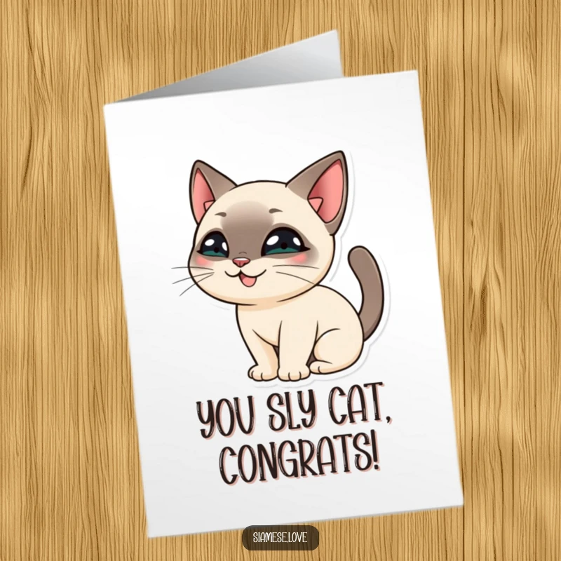 Funny Free Printable Congratulations Card: Siamese Cat with a mischievous grin hiding behind tail, celebratory humor.