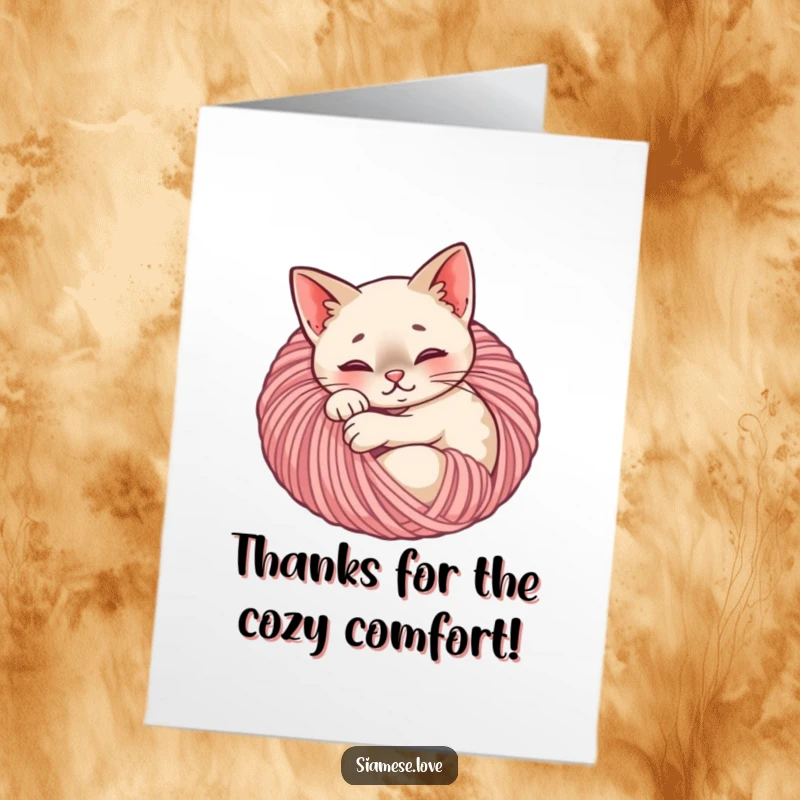 Funny Free Printable Thank You Card: Siamese cat peacefully curled and napping inside a giant ball of colorful yarn.