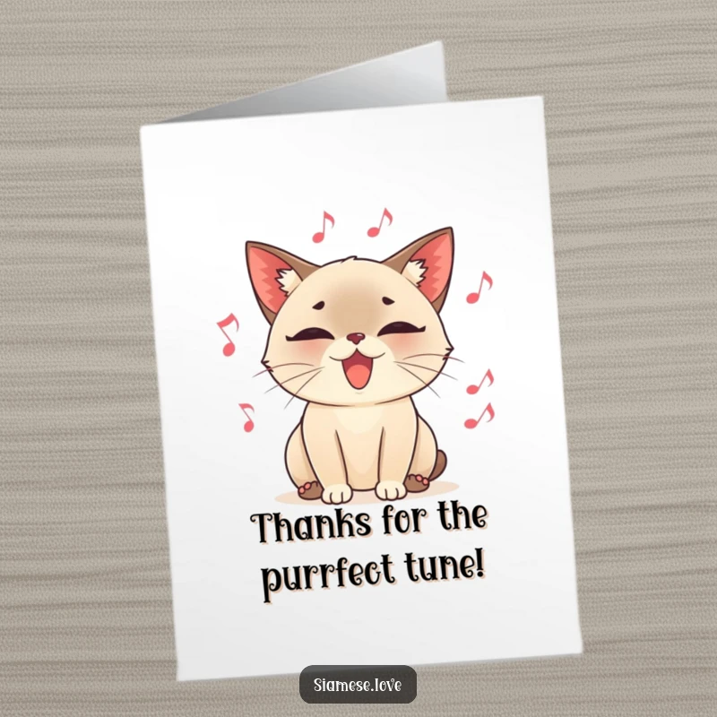 Funny Free Printable Thank You Card: A happy Siamese cat purring deeply, with musical notes floating around its head.