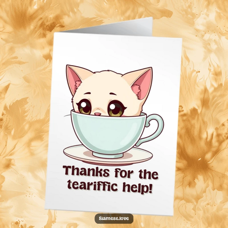Funny Free Printable Thank You Card: Siamese Cat with wide inquisitive eyes peering into a teacup, curious thanks, printable.