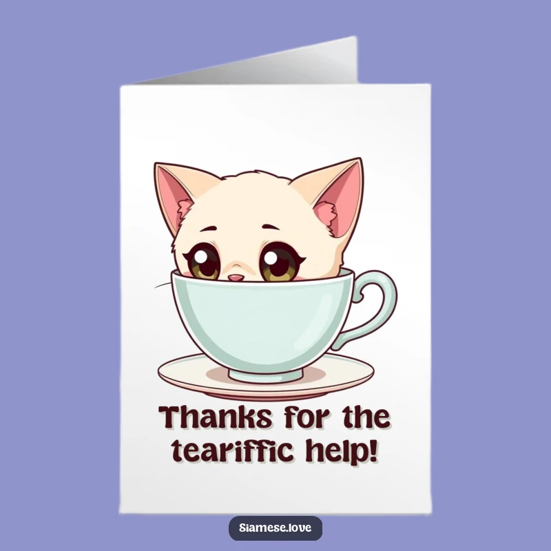 Free Printable Siamese Cat Thank You Card: Curious Teacup Gaze Feline Downloadable Gift