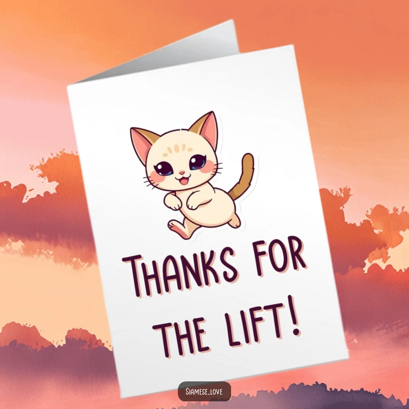 Funny Free Printable Thank You Card: Siamese Cat leaping with delight, expressing thanks with joy, printable greeting.