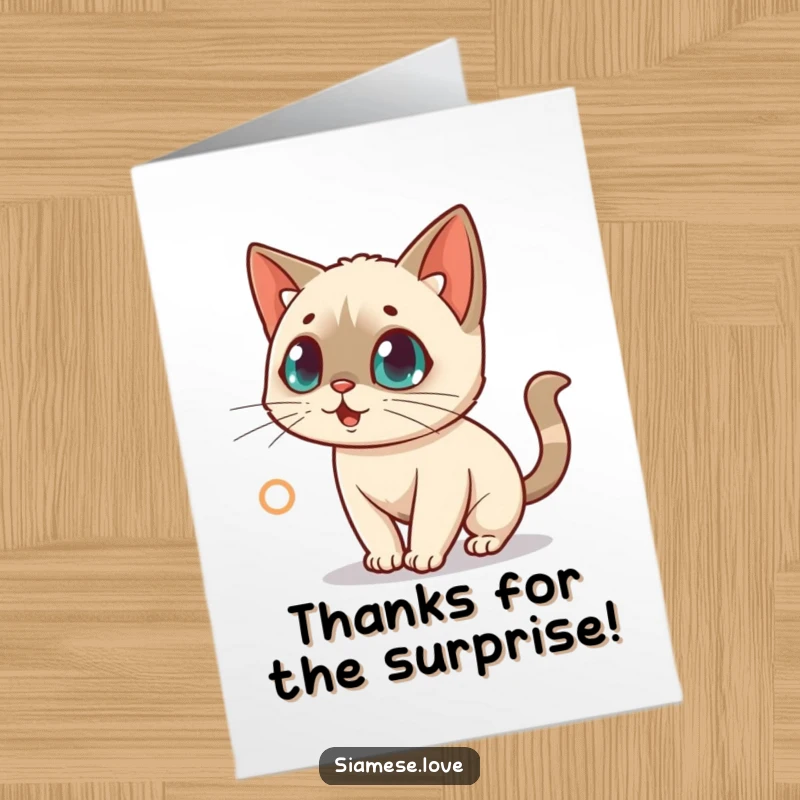 Funny Free Printable Thank You Card: A surprised kawaii Siamese cat curiously chasing a bright red laser dot.