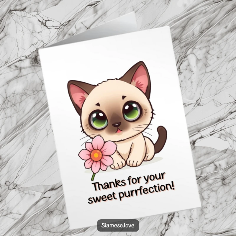 Cute Free Printable Thank You Card: A kawaii Siamese cat with wide eyes curiously sniffing a flower, offering a moment of sweet, gentle thanks.
