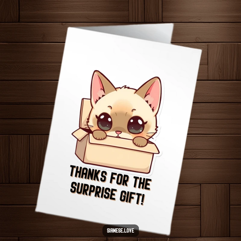 Funny Free Printable Thank You Card: Siamese cat with big curious eyes focused on a small box, conveying appreciation, printable.