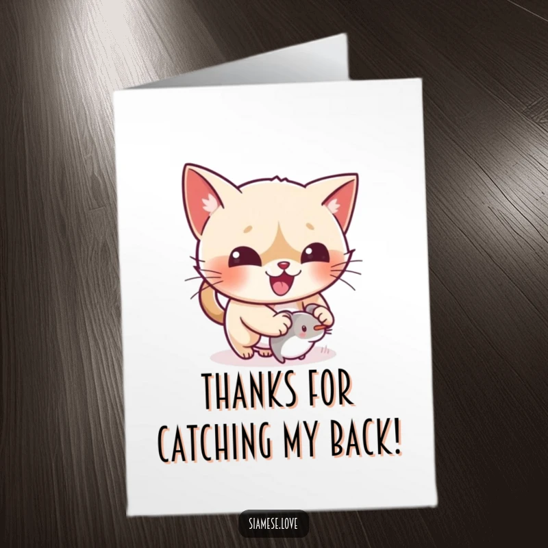 Funny Free Printable Thank You Card: A kawaii Siamese cat gleefully pouncing on a tiny mouse toy, offering a fun and energetic thanks.