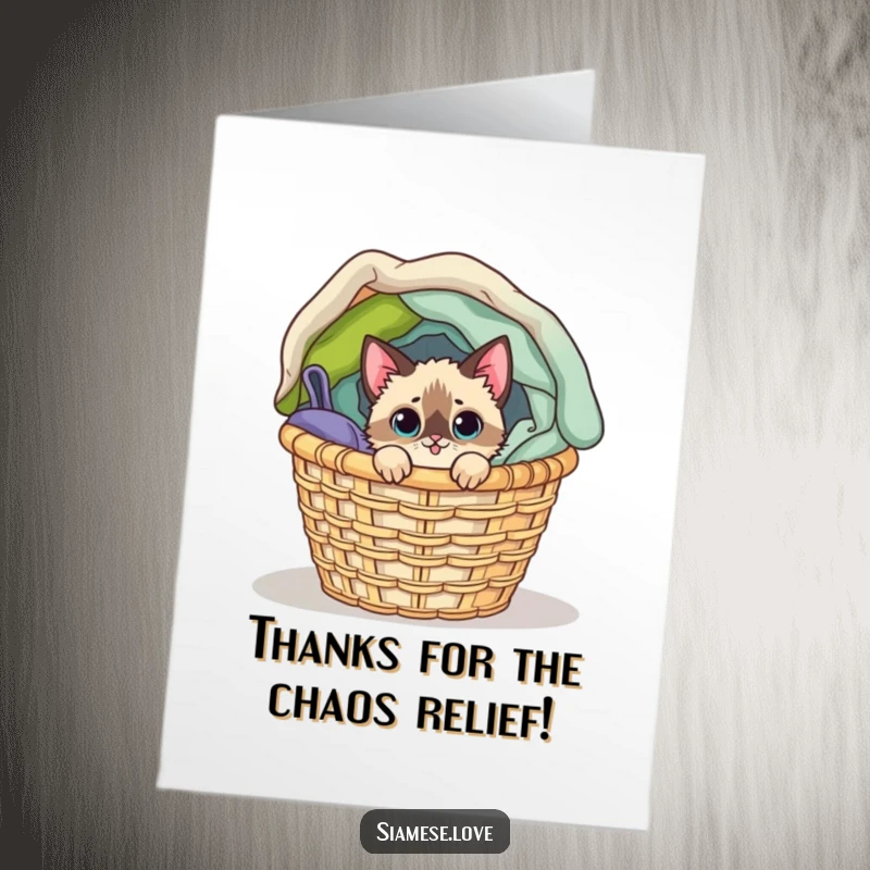 Funny Free Printable Thank You Card: Mischievous Siamese cat peeking from laundry basket, offering thanks.