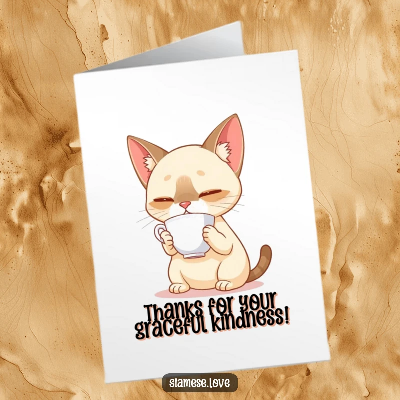 Funny Free Printable Thank You Card: Siamese cat balances a teacup on its nose, a unique thank you gesture.