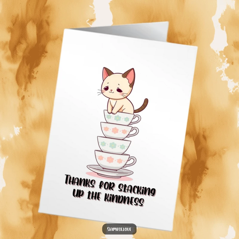 Funny Free Printable Thank You Card: Siamese cat balancing on teacups, expressing gratitude with a quirky charm.