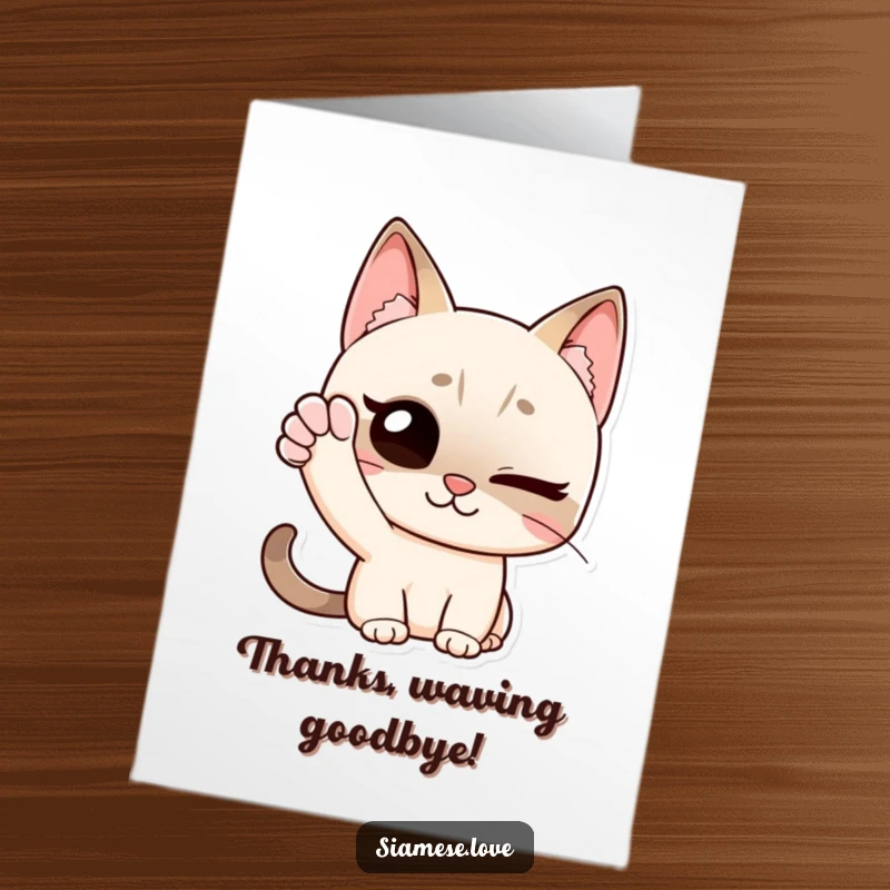Funny Free Printable Thank You Card: a Siamese cat winks cheekily, paw raised like a friendly hello.