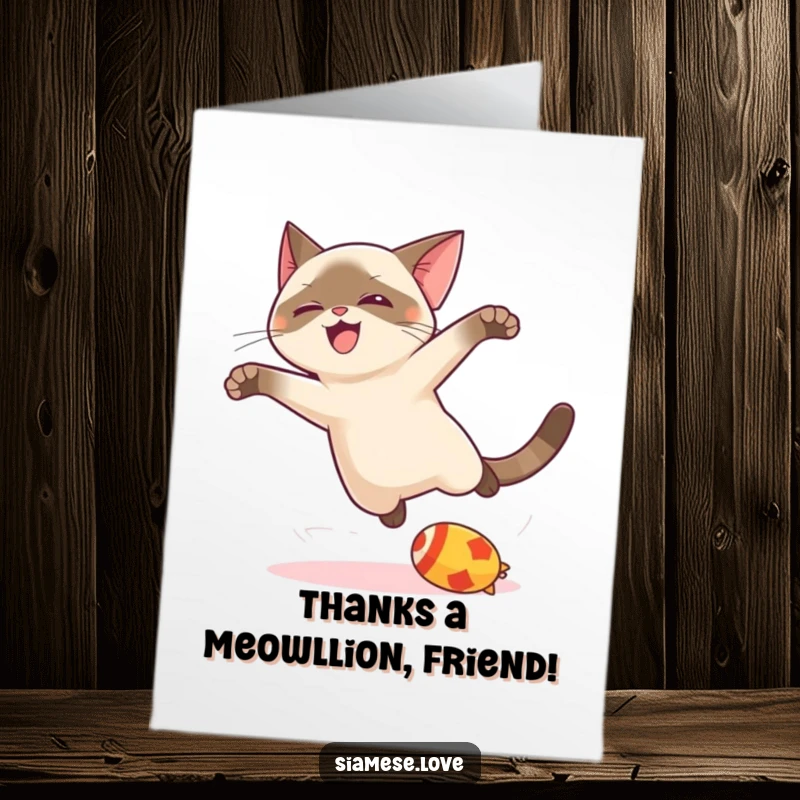 Funny Free Printable Thank You Card with a graceful kawaii Siamese cat mid-leap, expressing thanks with charm.