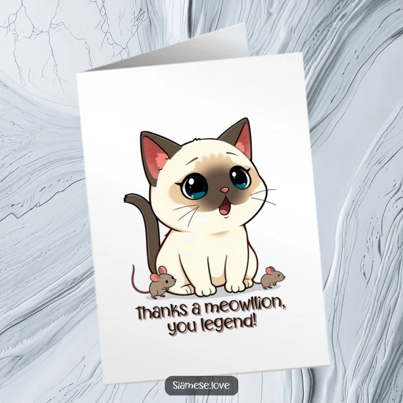 Funny Free Printable Thank You Card: Kawaii Siamese cat looks shocked, a tiny mouse escapes, conveying thanks.