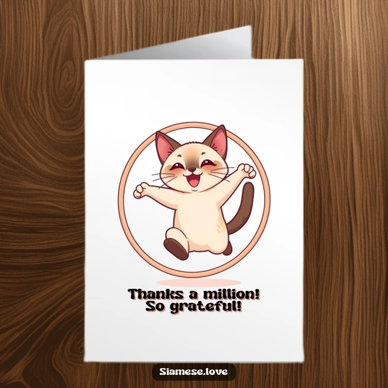 Funny Free Printable Siamese cat character joyfully leaping through a hoop, expressing thanks with enthusiasm.