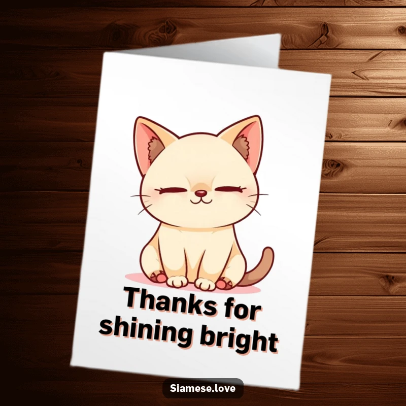 Free Printable Thank You Card: A content Kawaii Siamese cat naps happily in a sunbeam, conveying tranquil thanks.