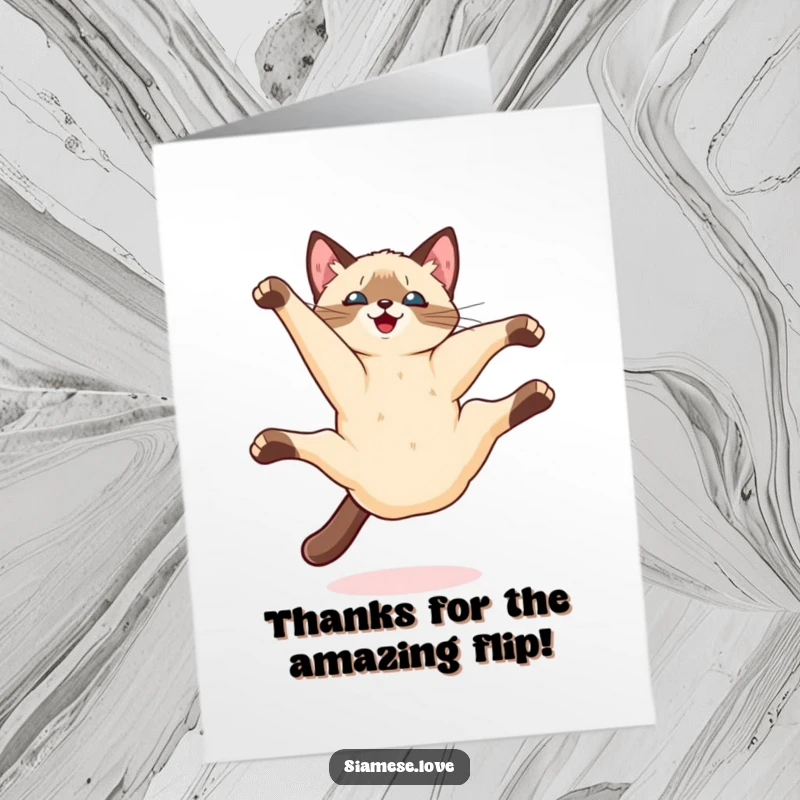 Free Printable Thank You Card: A Kawaii Siamese cat performs a delightful somersault, sending thanks with playful energy.