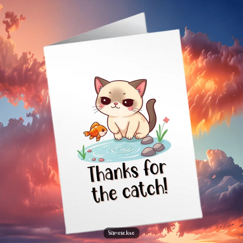 Funny Free Printable Thank You Card: Smug Siamese cat offering a fish, a uniquely funny way to say thanks.