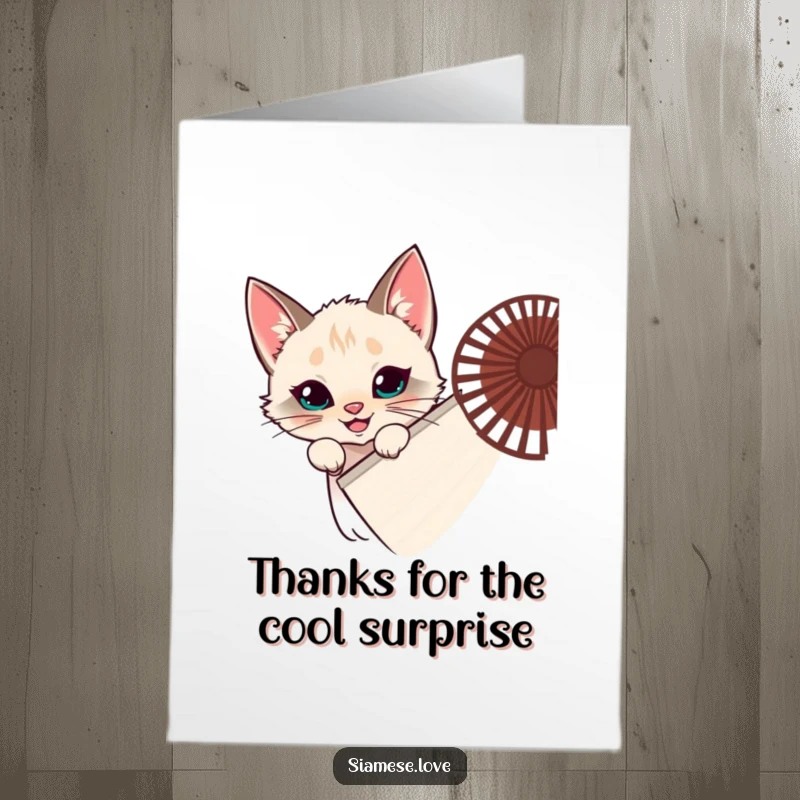 Funny Free Printable Thank You Card: A mischievous Siamese cat peeks mischievously from behind a huge fan, offering thanks with a grin.